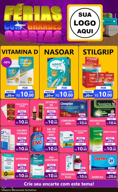 Modelo de Encarte para Encarte Grande com o tema Férias com Grandes Ofertas para Farmácia