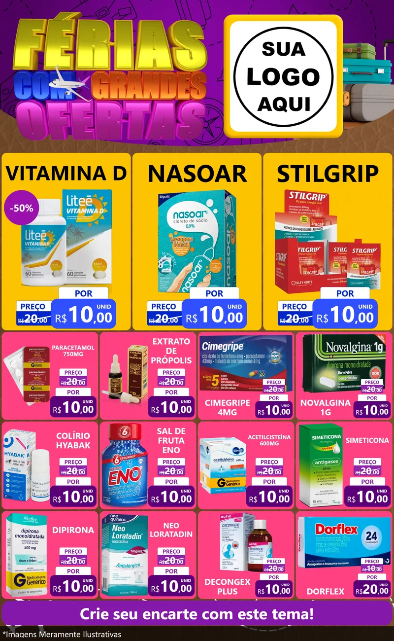 Modelo de Encarte para Encarte Grande com o tema Férias com Grandes Ofertas para Farmácia