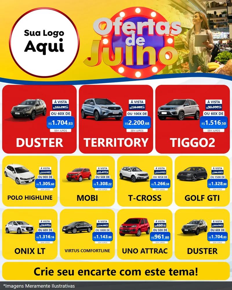Modelo de Rede Social para Feed Instagram com o tema Ofertas de Julho para Concessionaria de Carros