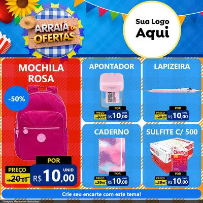 Modelo de Rede Social para Feed Facebook com o tema Arraiá de Ofertas para Papelaria