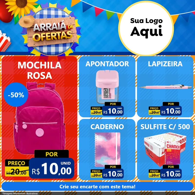 Modelo de Rede Social para Feed Facebook com o tema Arraiá de Ofertas para Papelaria