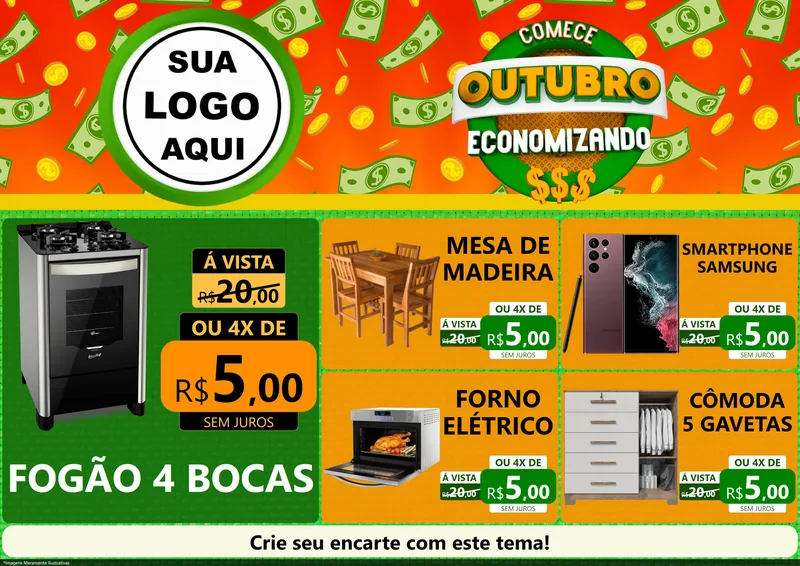 Modelo de Encarte para Encarte A4 Horizontal com o tema Comece Outubro Economizando para Móveis e Eletro