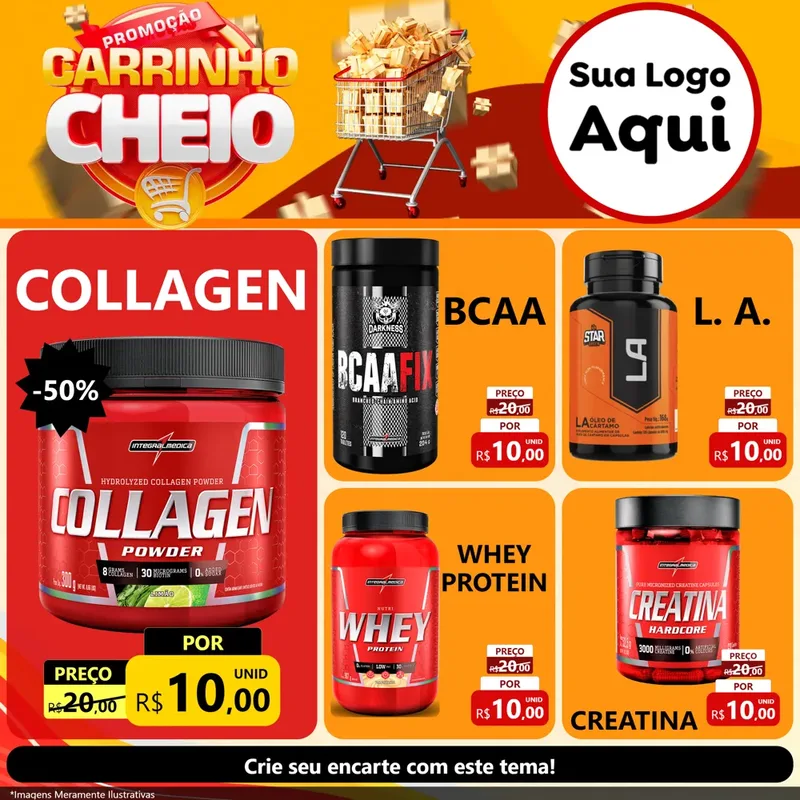 Modelo de Rede Social para Feed Facebook com o tema Promoção carrinho cheio para Suplementos alimentares