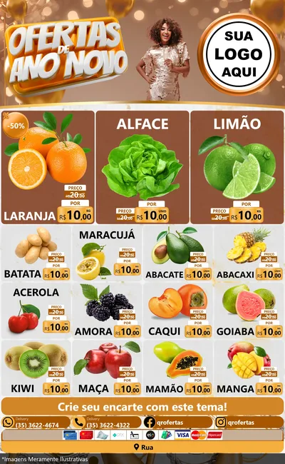 Modelo de Encarte para Encarte Grande com o tema Ofertas de Ano Novo para Hortifrúti