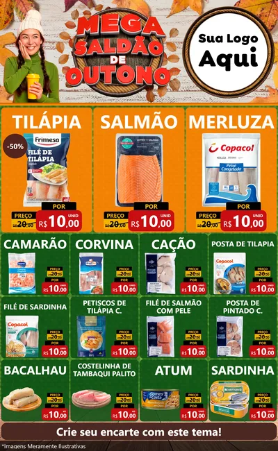 Modelo de Encarte para Encarte Grande com o tema Mega Saldão de Outono para Peixaria