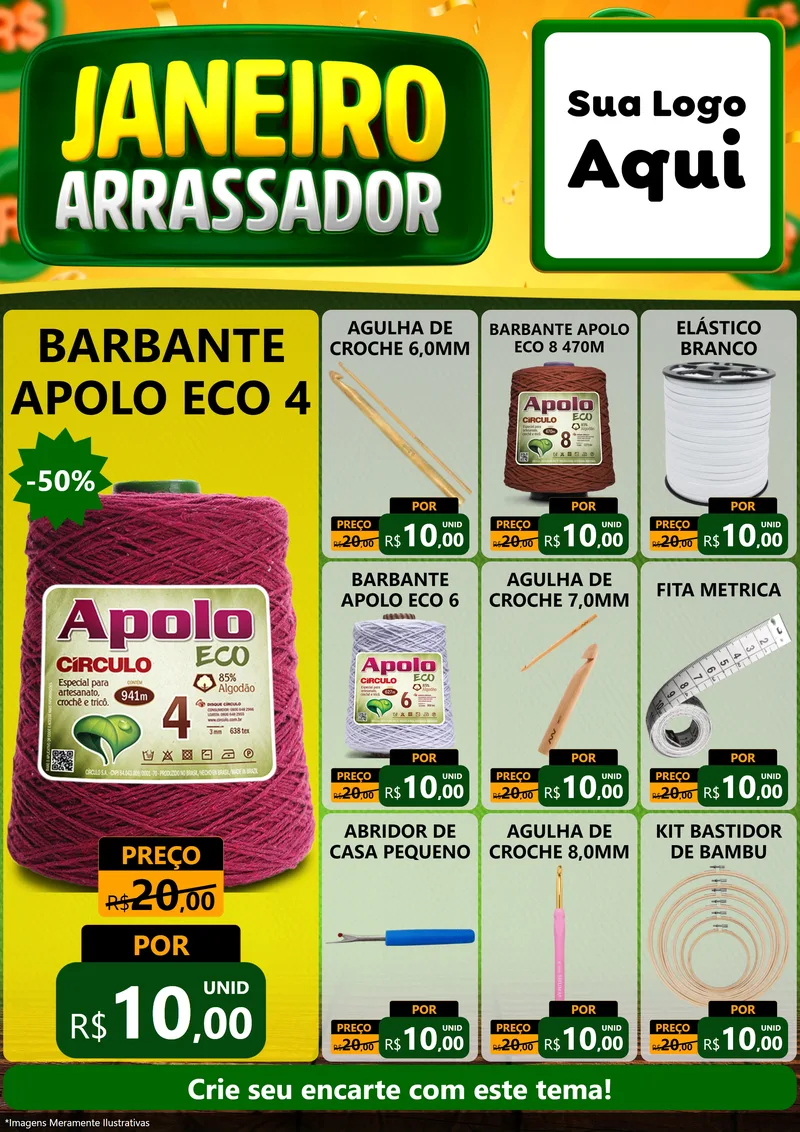 Modelo de Encarte para Encarte A4 Vertical com o tema Janeiro Arrasador para Armarinho e Aviamentos