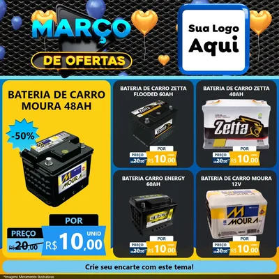Modelo de Rede Social para Feed Facebook com o tema Março de Ofertas para Baterias Elétricas