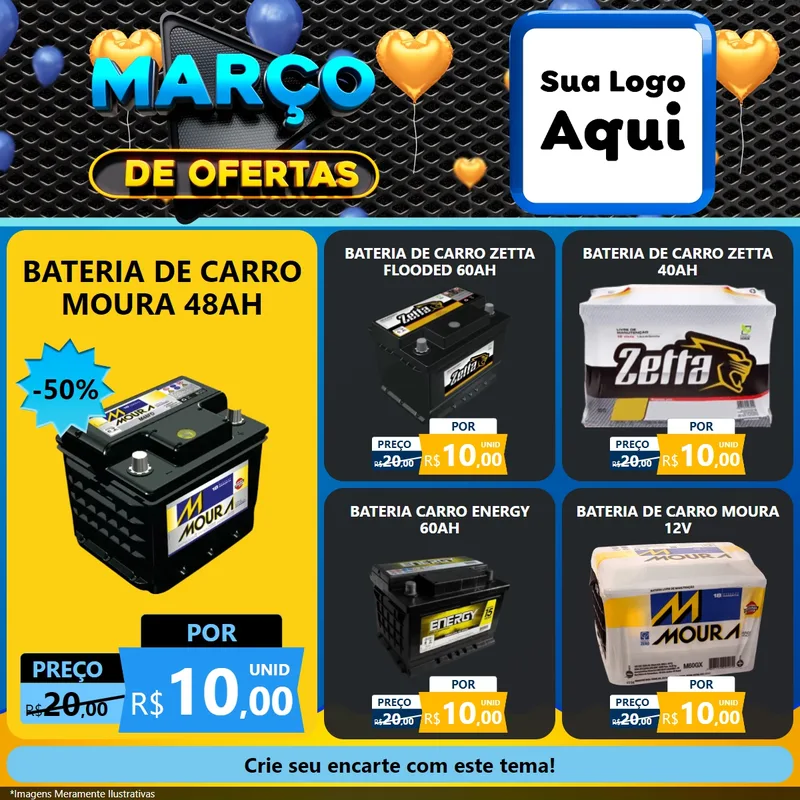 Modelo de Rede Social para Feed Facebook com o tema Março de Ofertas para Baterias Elétricas