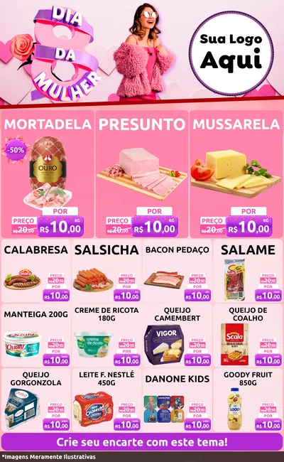 Modelo de Encarte para Encarte Grande com o tema Dia da Mulher para Frios e Laticínios