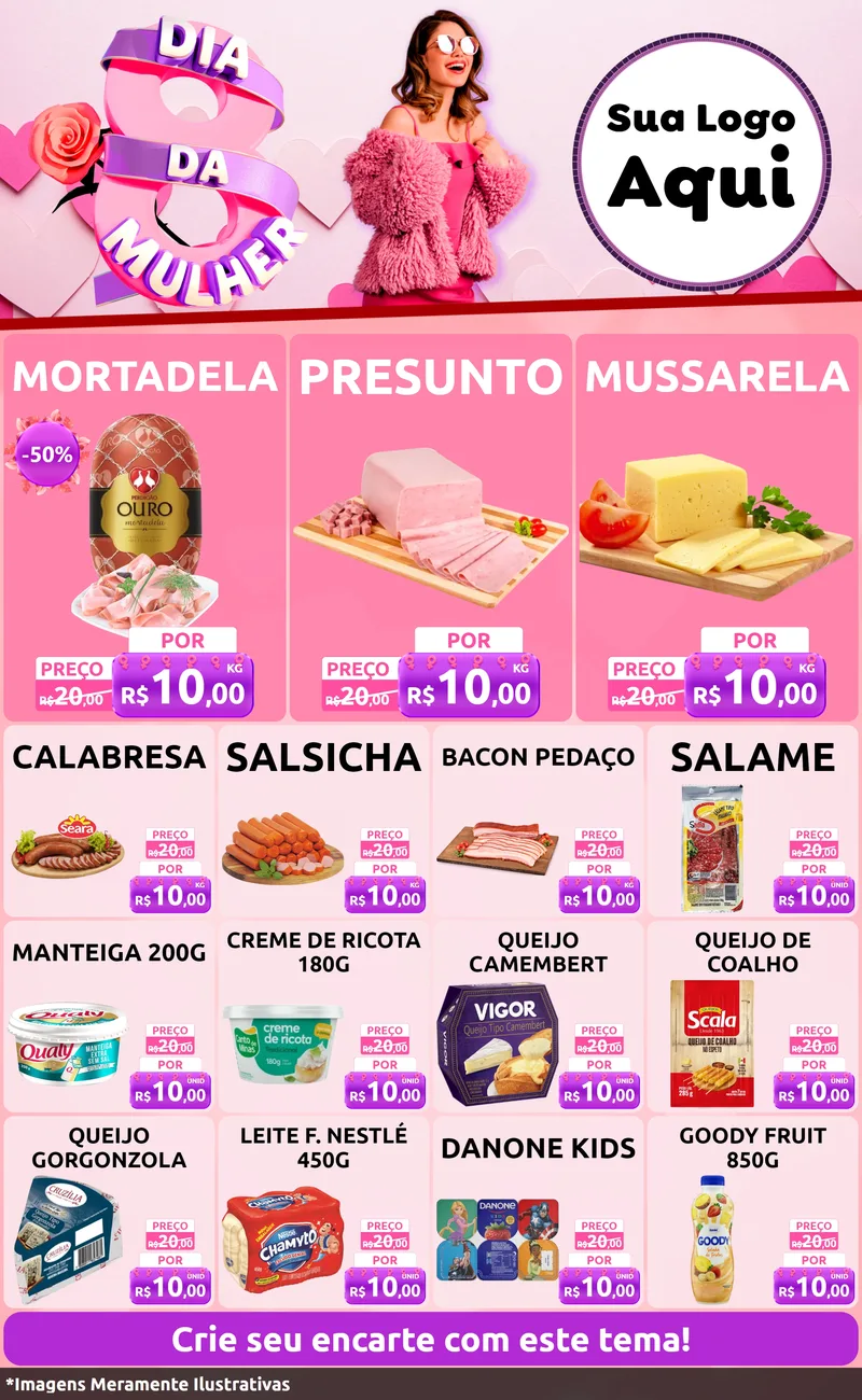Modelo de Encarte para Encarte Grande com o tema Dia da Mulher para Frios e Laticínios