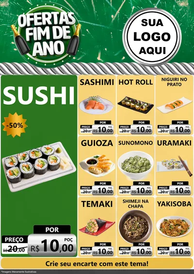 Modelo de Encarte para Encarte A4 Vertical com o tema Ofertas Fim de Ano para Comida japonesa