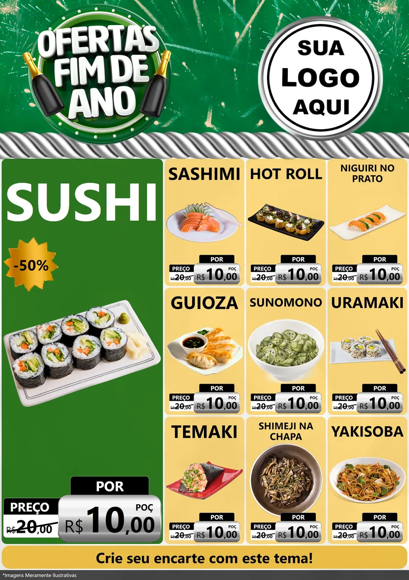 Modelo de Encarte para Encarte A4 Vertical com o tema Ofertas Fim de Ano para Comida japonesa
