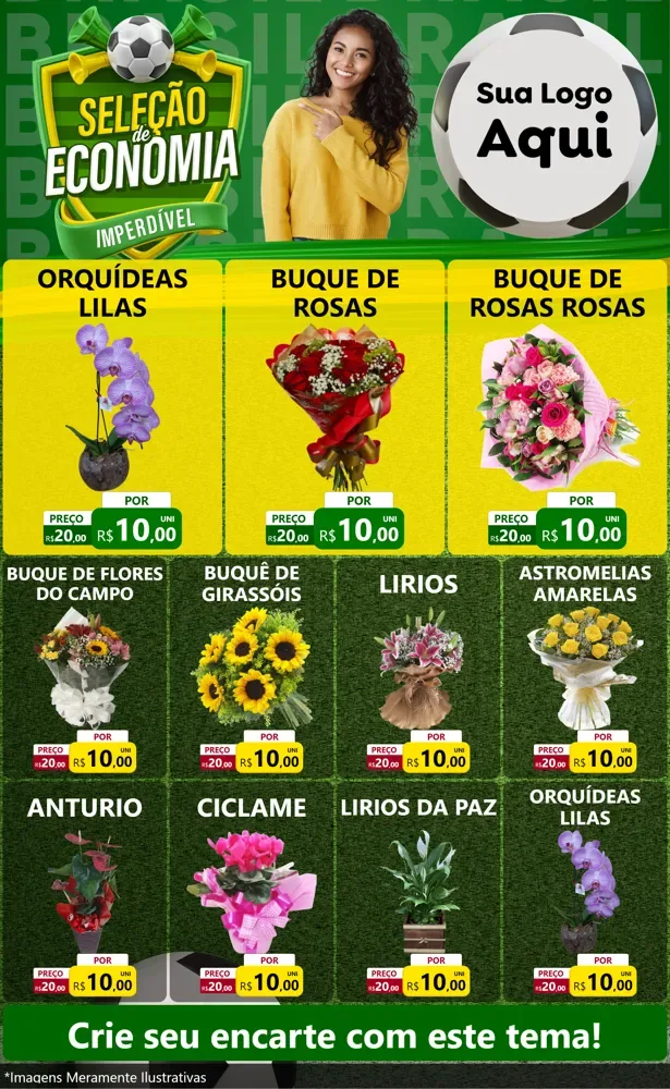 Modelo de Encarte para Encarte Grande com o tema Seleção de Economia - Copa para Floricultura e jardim