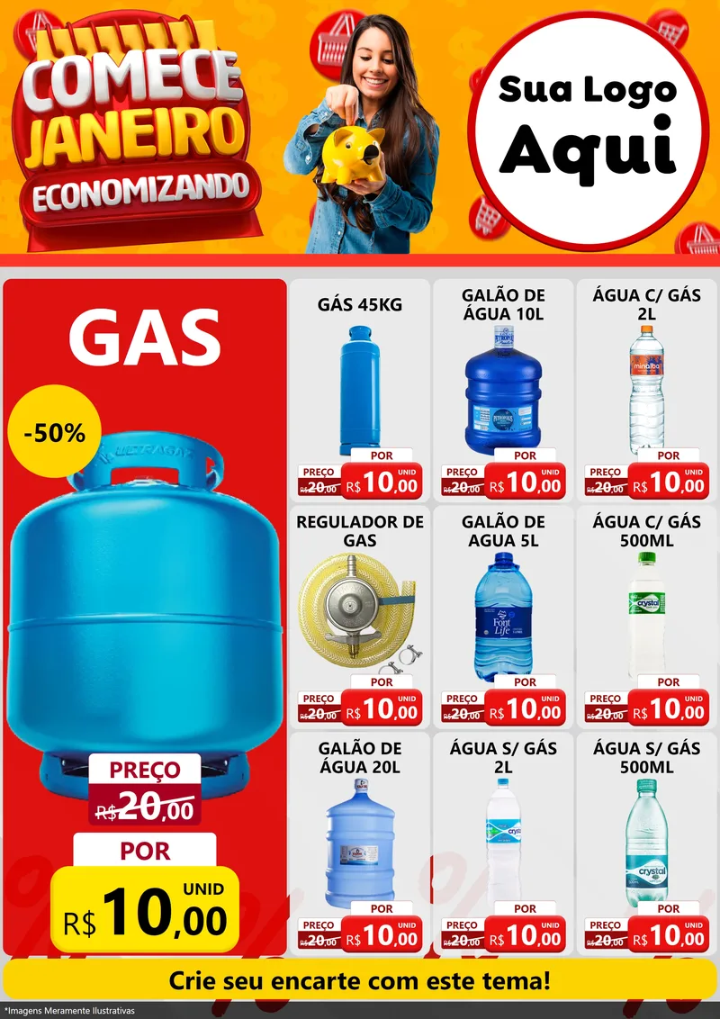 Modelo de Encarte para Encarte A4 Vertical com o tema Comece Janeiro Economizando para Água e gás