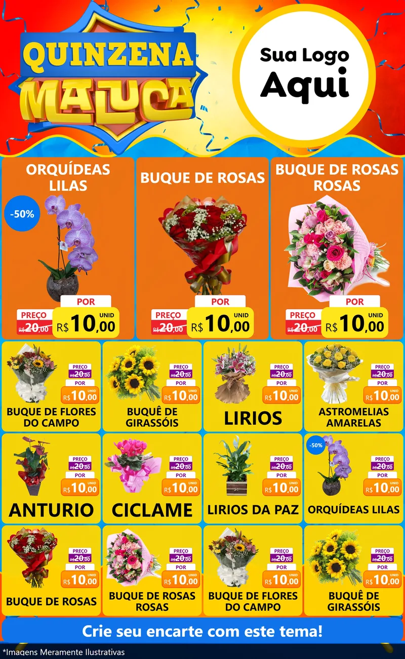 Modelo de Encarte para Encarte Grande com o tema Quinzena Maluca para Floricultura e jardim