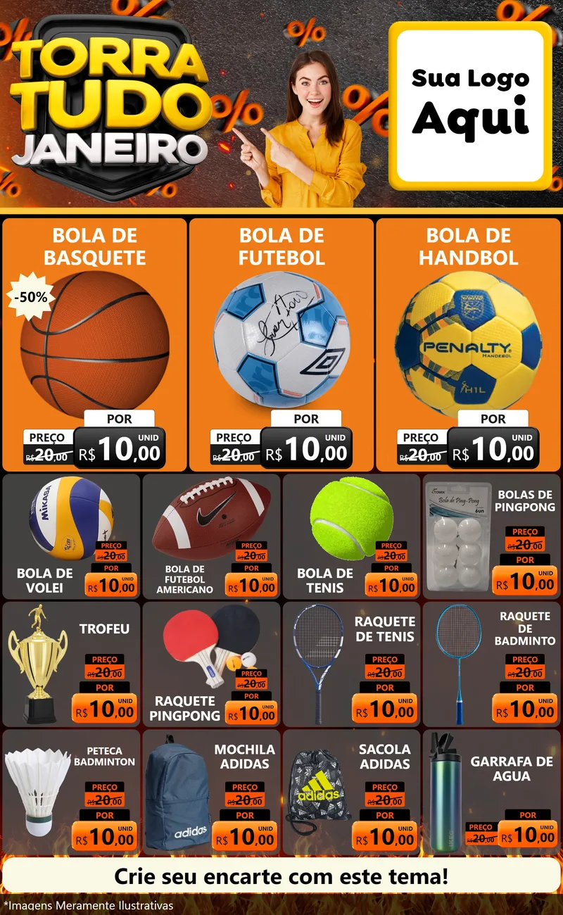 Modelo de Encarte para Encarte Grande com o tema Torra Tudo Janeiro para Artigos Esportivos