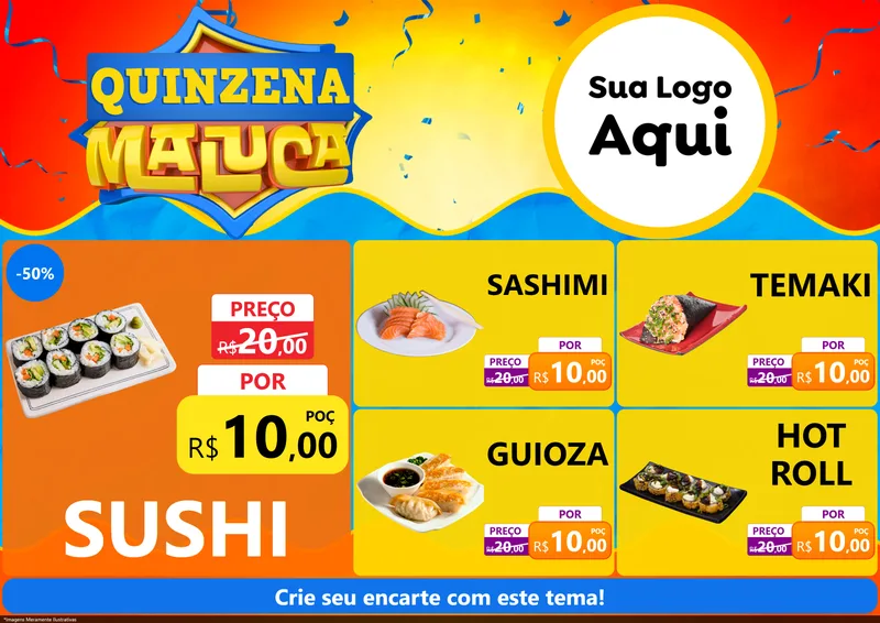 Modelo de Encarte para Encarte A4 Horizontal com o tema Quinzena Maluca para Comida japonesa
