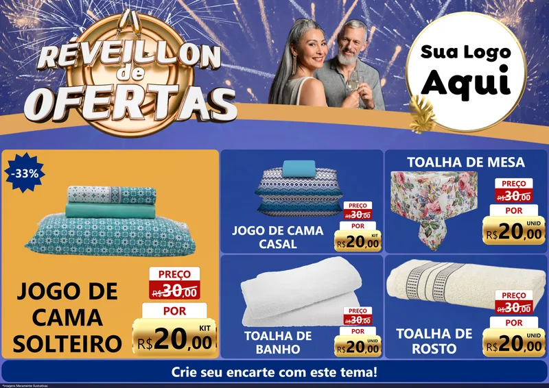 Modelo de Encarte para Encarte A4 Horizontal com o tema Réveillon de Ofertas para Cama, Mesa e Banho