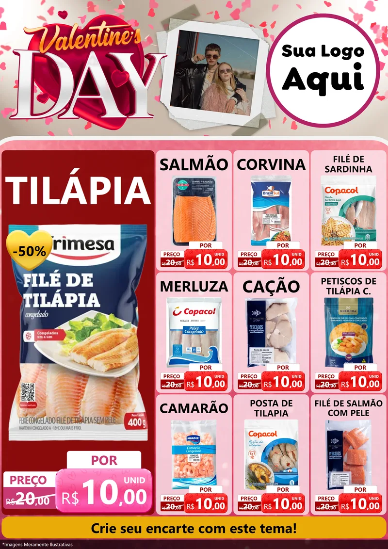 Modelo de Encarte para Encarte A4 Vertical com o tema Valentine's Day para Peixaria