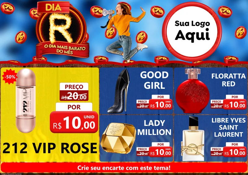 Modelo de Encarte para Encarte A4 Horizontal com o tema Dia R - O Dia Mais Barato Do Mês para Perfumes
