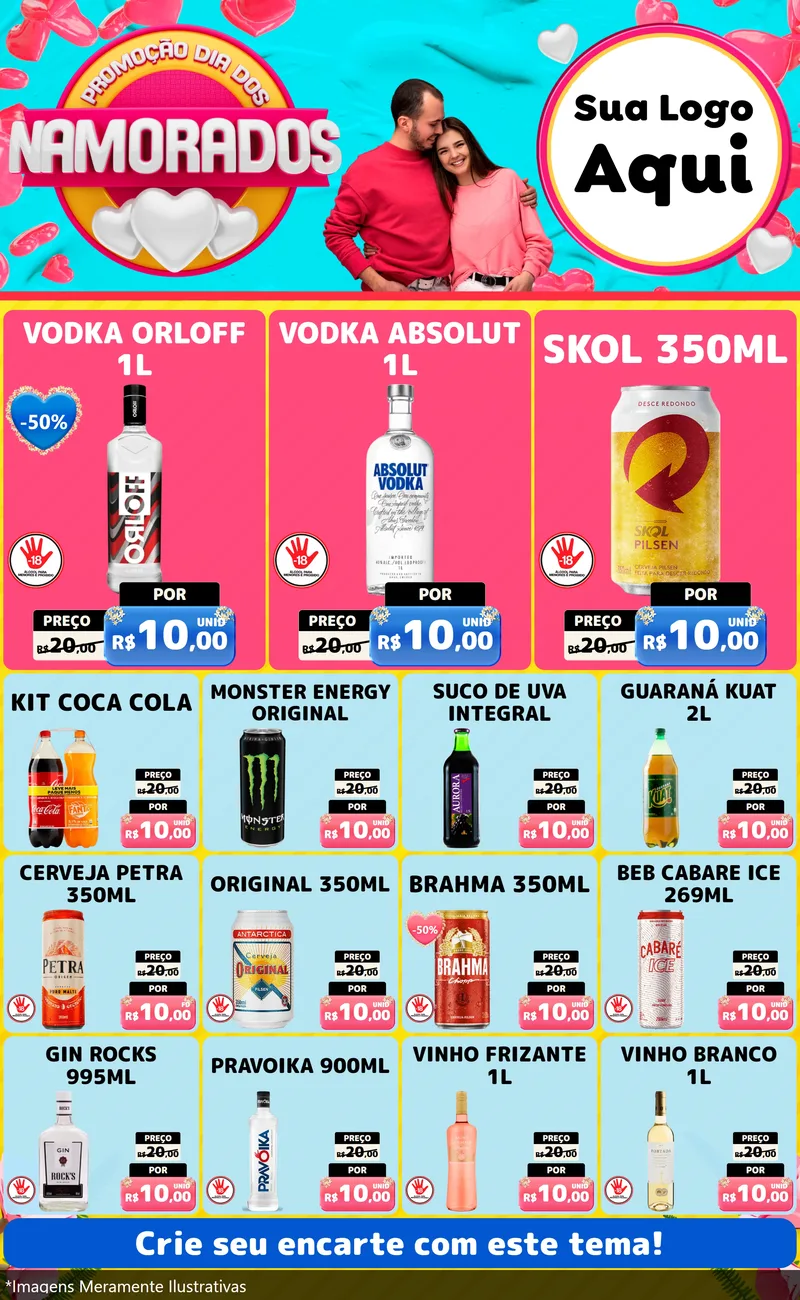 Modelo de Encarte para Encarte Grande com o tema Promoção Dia dos Namorados para Distribuidora de bebidas