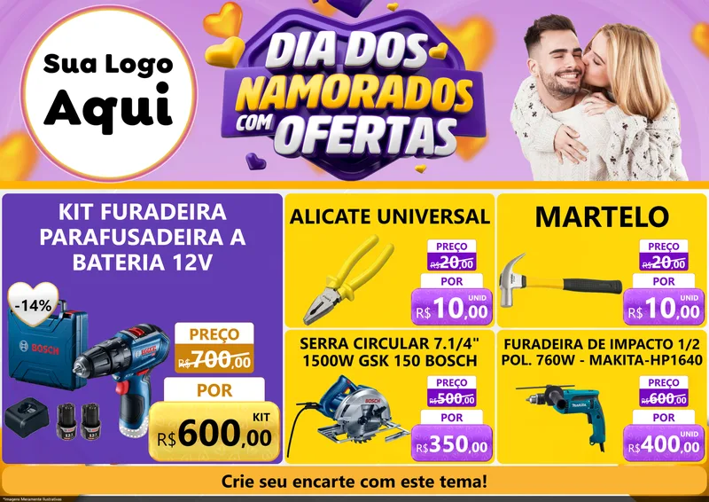 Modelo de Encarte para Encarte A4 Horizontal com o tema Dia Dos Namorados Com Ofertas para Maquinas e Ferramentas