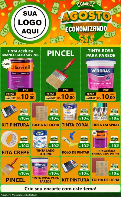 Modelo de Encarte para Encarte Grande com o tema Comece Agosto Economizando para Tintas e Ferramentas