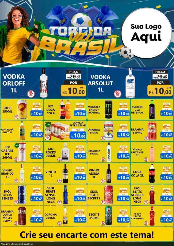 Modelo de Encarte para Encarte A4 Vertical com o tema Torcida Vai Brasil - Copa para Distribuidora de bebidas