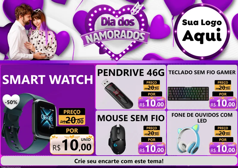 Modelo de Encarte para Encarte A4 Horizontal com o tema Dia dos Namorados para Informática