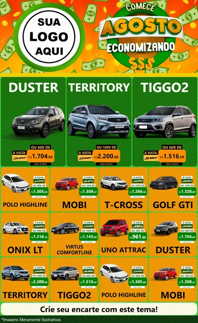 Modelo de Encarte para Encarte Grande com o tema Comece Agosto Economizando para Concessionaria de Carros
