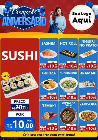 Modelo de Encarte para Encarte A4 Vertical com o tema Promoção de Aniversário para Comida japonesa