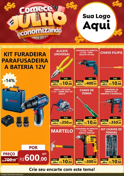 Modelo de Encarte para Encarte A4 Vertical com o tema Comece Julho Economizando para Maquinas e Ferramentas