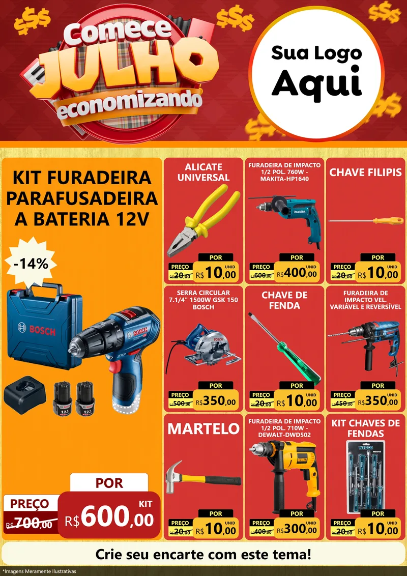 Modelo de Encarte para Encarte A4 Vertical com o tema Comece Julho Economizando para Maquinas e Ferramentas