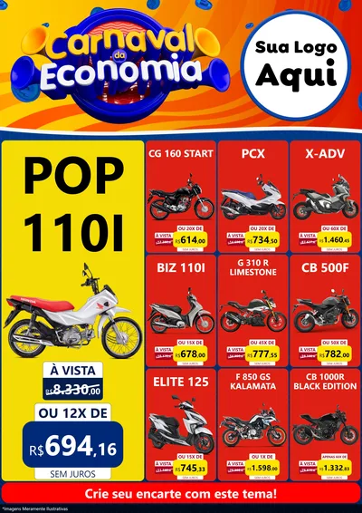 Modelo de Encarte para Encarte A4 Vertical com o tema Carnaval da Economia para Concessionaria de Motos