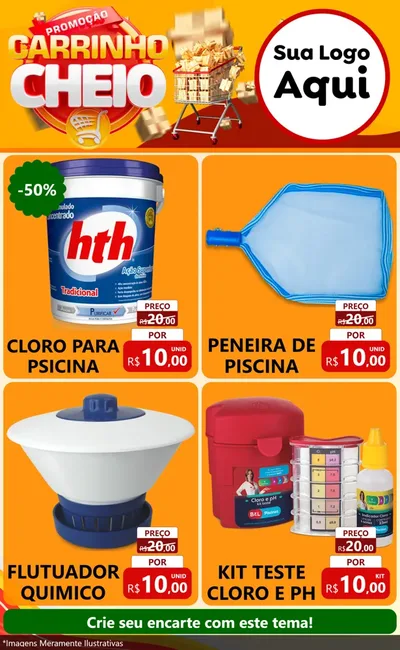 Modelo de Encarte para Encarte Grande com o tema Promoção carrinho cheio para Produtos para Piscina