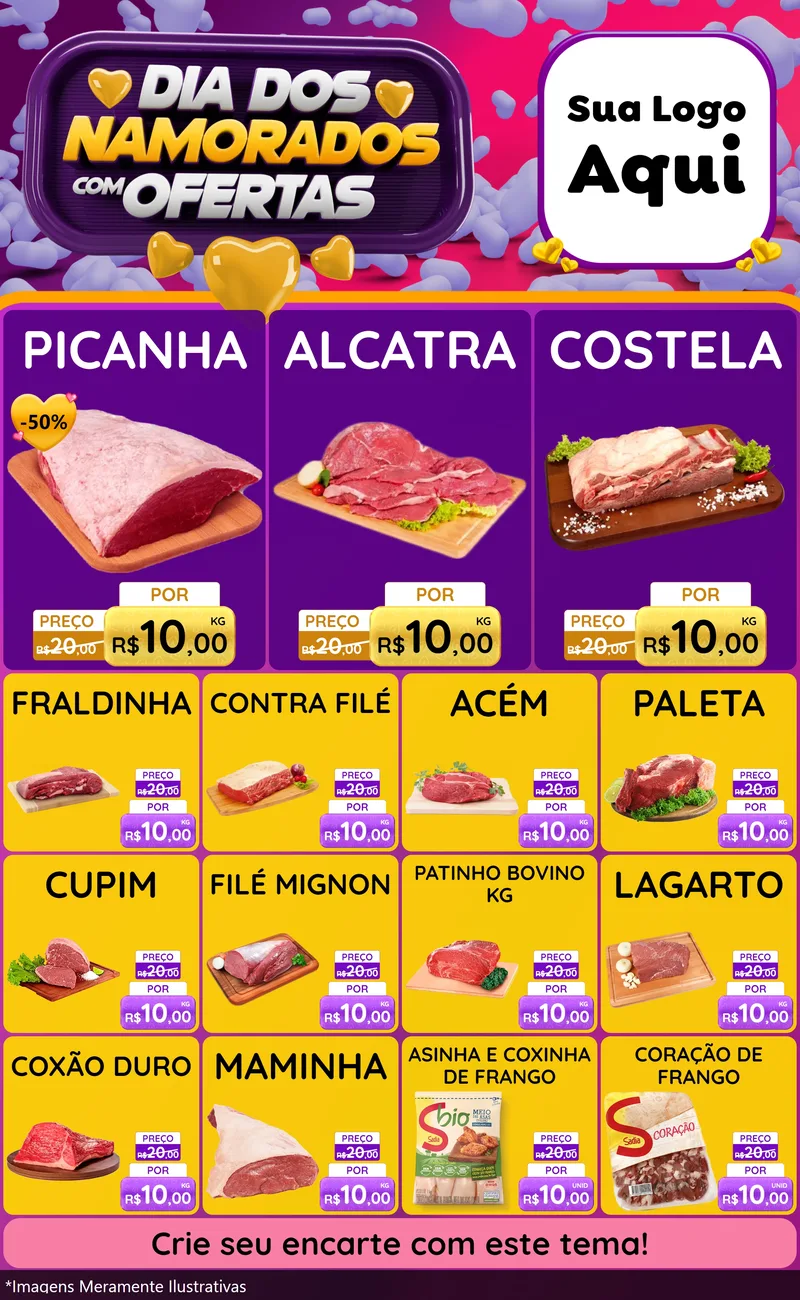 Modelo de Encarte para Encarte Grande com o tema Dia Dos Namorados Com Ofertas para Açougue