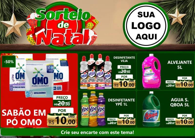 Modelo de Encarte para Encarte A4 Horizontal com o tema Sorteio de Natal para Produtos de Limpeza