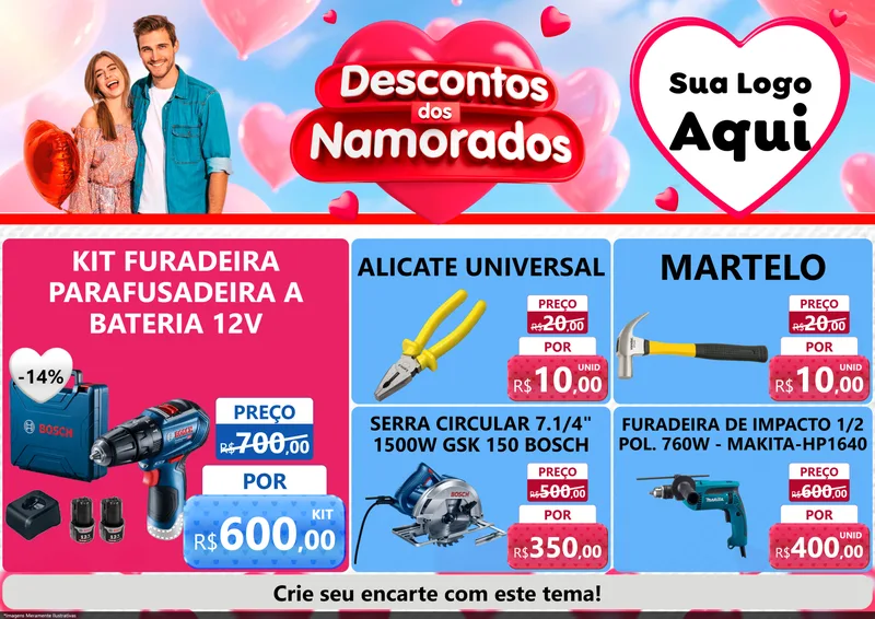 Modelo de Encarte para Encarte A4 Horizontal com o tema Descontos dos Namorados para Maquinas e Ferramentas