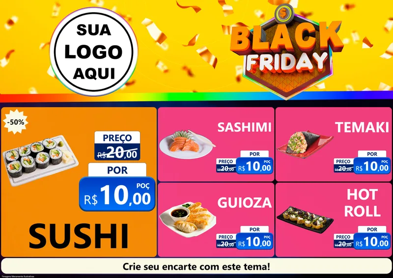 Modelo de Encarte para Encarte A4 Horizontal com o tema Black Friday para Comida japonesa