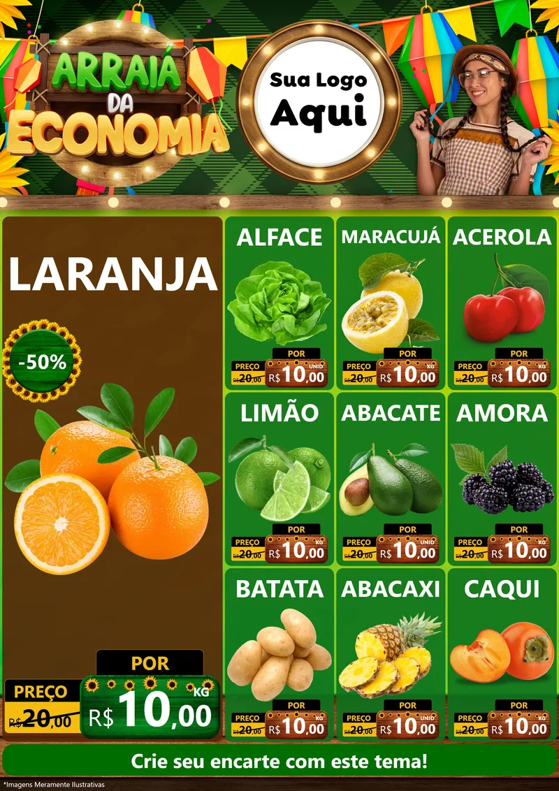 Modelo de Encarte para Encarte A4 Vertical com o tema Arraiá de Economia para Hortifrúti