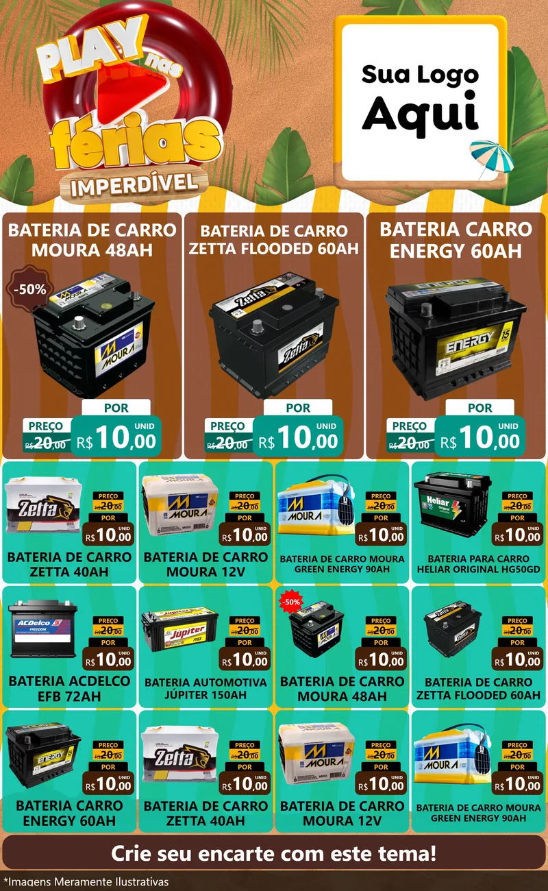 Modelo de Encarte para Encarte Grande com o tema Play Nas Férias Imperdível para Baterias Elétricas