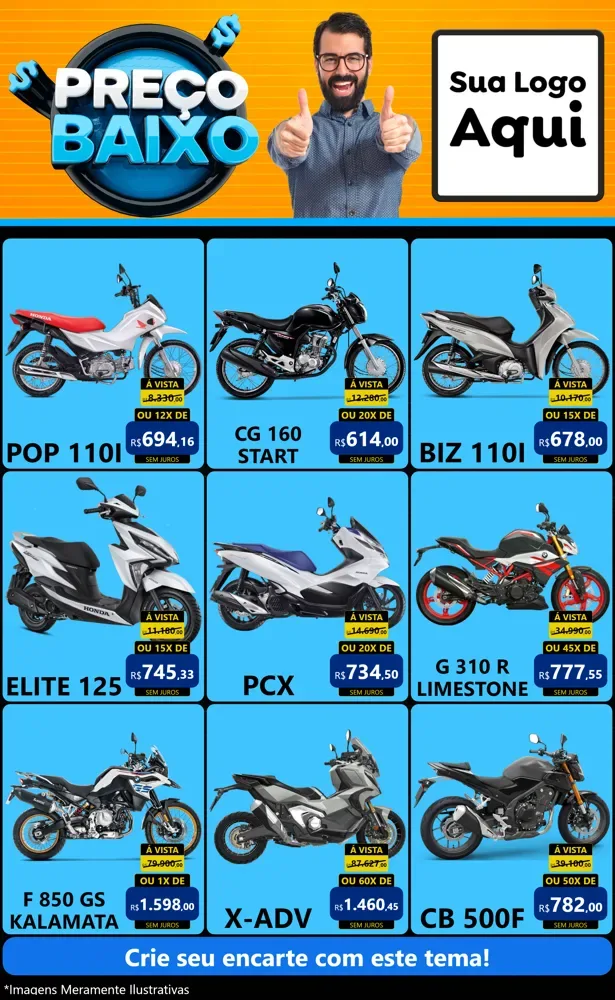 Modelo de Encarte para Encarte Grande com o tema Preço Baixo para Concessionaria de Motos