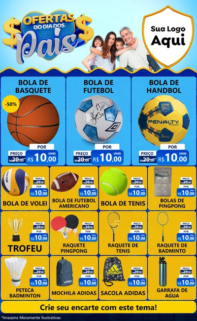 Modelo de Encarte para Encarte Grande com o tema Ofertas do Dia dos Pais para Artigos Esportivos
