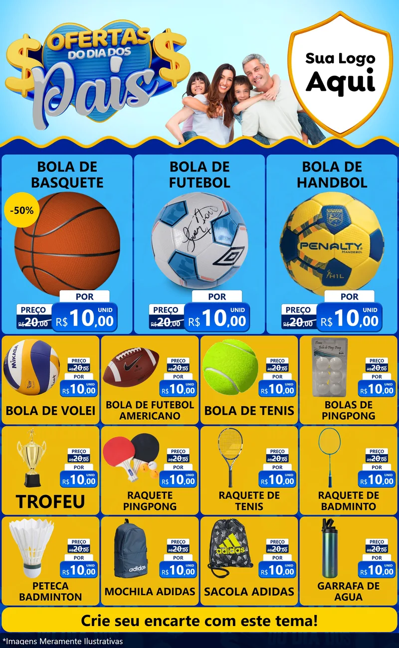 Modelo de Encarte para Encarte Grande com o tema Ofertas do Dia dos Pais para Artigos Esportivos