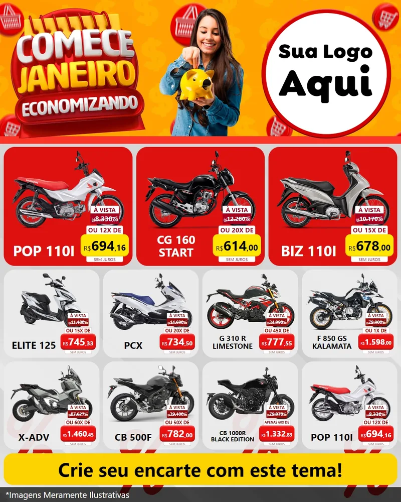 Modelo de Rede Social para Feed Instagram com o tema Comece Janeiro Economizando para Concessionaria de Motos