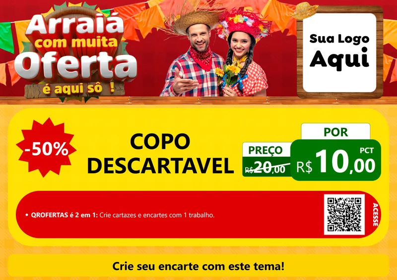 Modelo de Cartaz para Cartaz A4 Horizontal com o tema Arraiá Com Muita Oferta - É Aqui Sô! para Embalagens
