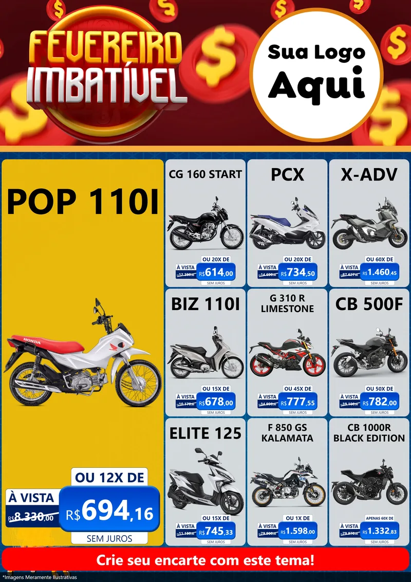 Modelo de Encarte para Encarte A4 Vertical com o tema Fevereiro Imbatível para Concessionaria de Motos