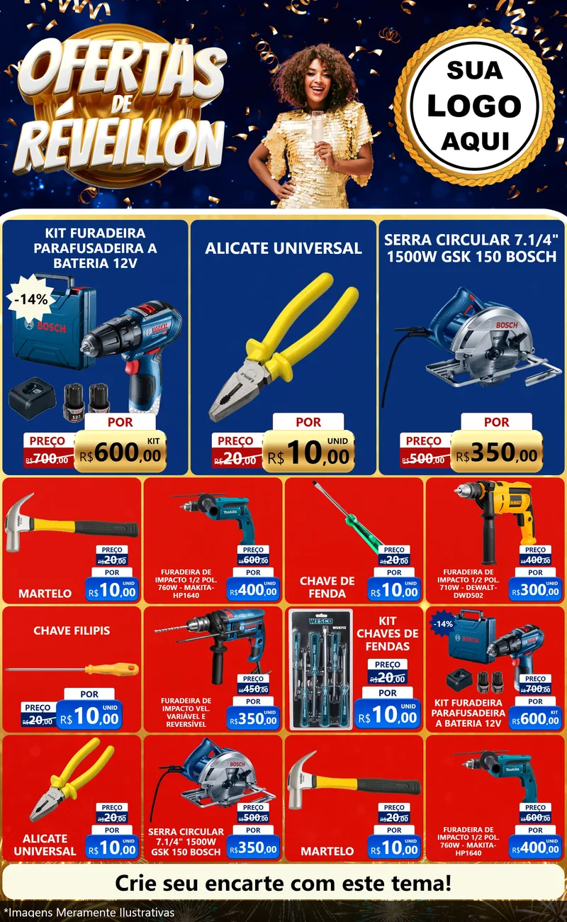 Modelo de Encarte para Encarte Grande com o tema Ofertas de Réveillon para Maquinas e Ferramentas