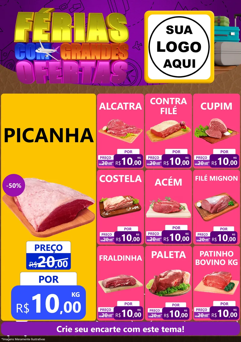 Modelo de Encarte para Encarte A4 Vertical com o tema Férias com Grandes Ofertas para Açougue