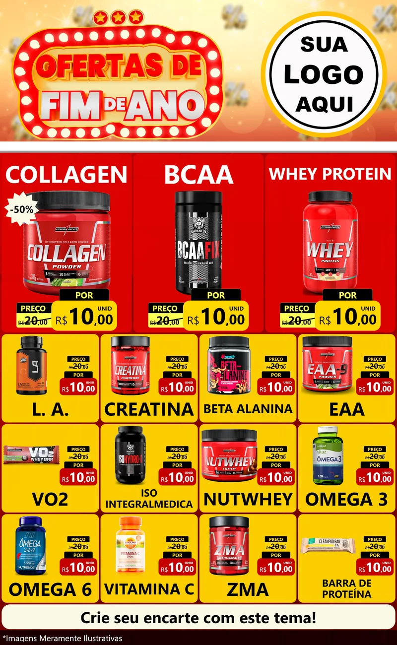 Modelo de Encarte para Encarte Grande com o tema Ofertas de Fim de Ano para Suplementos alimentares